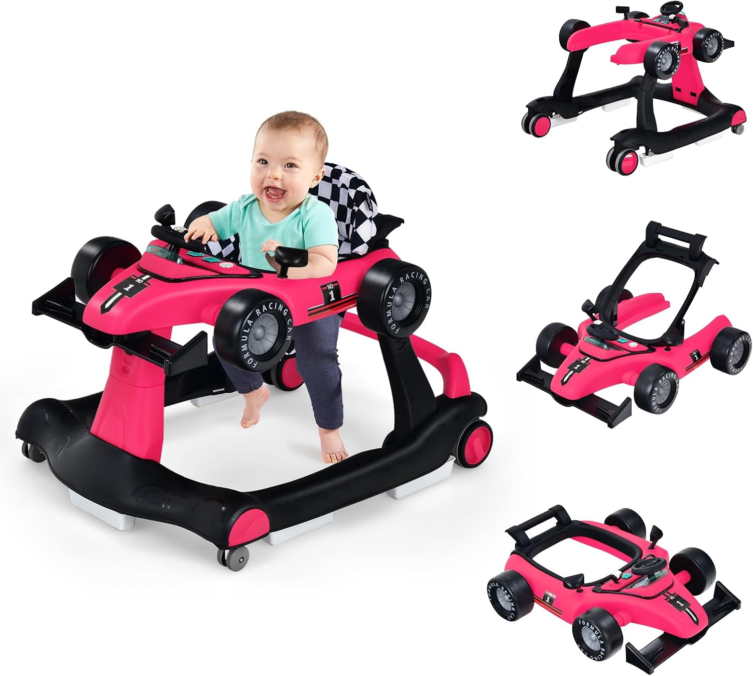 COSTWAY 4 en 1 Andador Bebes, Tacata Bebe Plegable con Altura y Velocidad Regulables, Carillón con Luces, Volante y Asiento con Cojín, Diseño Antivuelco, Caminador para Bebe de 6-18 Meses