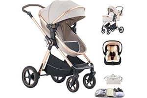 Shineey Poussette 3 en 1, Poussette Bébé Compacte Réglable en Hauteur Avec, Trio Cadre en Alliage d'aluminium Haut Paysage système de voyage (D2RICEWHITE, H2-D)