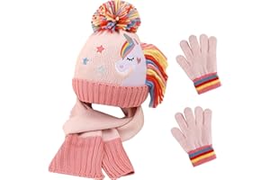 QKURT Kid’s Stretchy Beanie Hat Mittens Scarf Set, Children Winter knitted Cap with Pom Pom Thermal Neck Warmer Gloves Set Unicorn Cold Weather Accessories for 2-5 Years Old Girls