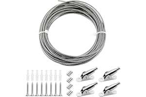 GVIVEJ 10 Mètres Câble Métallique, Câble en Acier Inoxydable, Cable pour Rideaux, Corde Acier Réglable 2 mm, avec 4 Supports D'angle, pour Plafond ou mur,Fil pour Rideau