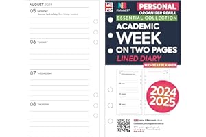 NBPLANNER Ricarica per agenda accademica 2024-2025, formato personale, settimana su due pagine, a righe, compatibile con Filofax Personal | Vacanze del Regno Unito (metà anno (24 agosto - 25 luglio)
