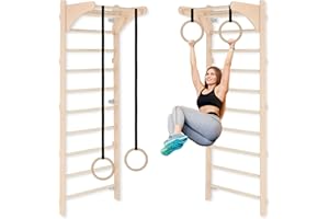 ‎MAMOI Ścianka ze szczeblami z drążkiem do podciągania dla dorosłych (230 cm), drewniana ścianka wspinaczkowa, wielofunkcyjne urządzenie fitness, drabinka do wspinaczki dla dorosłych, wyprodukowano w UE