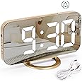 Digital Alarm Clock, Alarm Clocks Bedside, Non Ticking Alarm Clock, Alarm Clock with Dimmable LED Display, Digital Mirror Alarm, Snooze, 3 Dimmer Modes, USB Alarm Clock for Home Bedroom Decore-Gold
