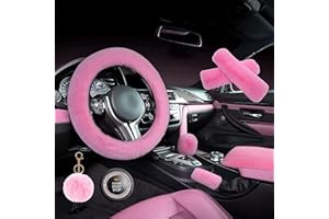 ZYNQACC 1 Set 8 Pieces Fluffy Steering Wheel Cover Set,Warm Soft Fuzzy Steering Wheel Covers for Women/Girls,Universal 15 Inches Girls Car Accessories (Pink)