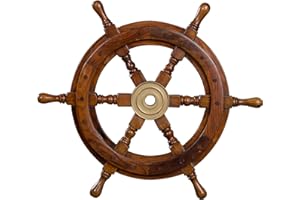 BIRENDY Timone decorativo in legno con mozzo in ottone.Dalla S alla XXL.Stile nautico, barca, nave, decorazione marittima., Legno, Größe XL - 60 cm