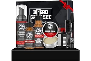 BYHSOEP Kit Cuidado Barba Hombre, 7 Cuidado Barba Hombre con Mousse Limpiadora/Spray/Aceite Esencial/Crema de Tratamiento/Pluma Rellenadora de Barba/Cepillo/Peine, Kit Barba, el Regalo Ideal para Hombres