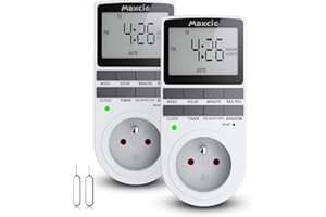 Maxcio Prise Programmable Digitale, Minuterie Numérique Journalier/Hebdomadaire, Programmateur Prise Electrique avec Ecran LCD et Mode Aléatoire Antivol, Économie d'Energie, 16A/3680W Max (2 Packs)