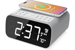 MAJORITY Bluetooth Bedside FM Radio Alarm Clock | Wireless Charging for Phones| 12W Stereo Sound with Dual Alarm, Built-in Thermometer, and 30 Presets | Large Dimmable Display Darwin digital clock