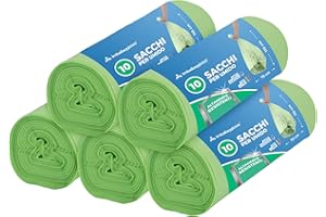 IMBALLAGGI 2000 - Sacchetti Spazzatura Organico 70x110 (110L), 5 Rotoli x 10 Sacchi Spazzatura Raccolta Differenziata Interno e Esterno, Tot 50 Sacchetti Umido Resistenti Biodegradabili Compostabili