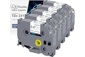 5x Msudoku TZe-231 12 mm 0.47 laminowana biała zamiennik do drukarki etykiet Brother TZe231 TZ-231 TZ231 czarne na białym tle 1/2 taśmy kasetowe do P Touch PTD200 PTD410 PTH110, 12mm x 8m