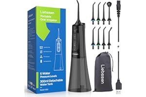 Liebssen Jet Dentaire Hydropulseur dentaires Fonctionnement à un bouton 6 intensités d'eau 8 embouts IPX7 Réservoir de 300 ml portable pour les voyages (Noir)