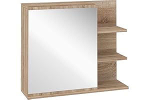 kleankin Mobile Specchiera Bagno a Parete, Armadietto Pensile con Anta a Specchio e 3 Ripiani Laterali in Legno, 60x18x50 cm, Color Legno