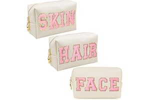 LORIGUN Torebka do Makijażu Chenille Letter Patch, kosmetyczka Preppy PU Skórzana Torba do Pielęgnacji Skóry z Zamkiem Błyskawicznym, Kosmetyczka Wodoodporna Podróżna Torba Organizacyjna Dla Kobiet Face Hair Skin Torba do Makijażu 3 szt