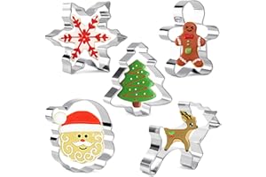 Crethink 5 Pieces Christmas Cookie Cutter - Gingerbread Man, Christmas Tree, Snowflake, Santa Head - Stainless Steel Xmas Cookie Cutters for Baking