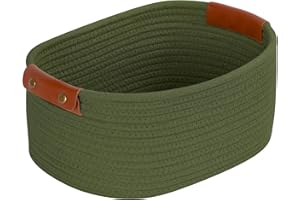 Otauoaea Panier Rangement, Paniers de Rangement Salle de Bain Corbeille Enfan, Coton Tressé Corbeille Rangement Décoratifs Avec poignées en cuir pour Cuisine Chambre(Vert)