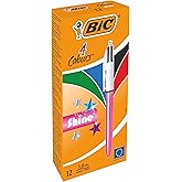 BIC 4 Colours Shine Pembe G&ouml;vde T&uuml;kenmez Kalem 12'li Kutu, 4 Renk (Mavi, Siyah,Yeşil ve Kırmızı), 1.0 mm. U&ccedil;