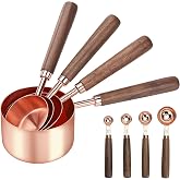 GuDoQi Measuring Spoons and Measuring Cups, 8 Pieces, Rose Gold | Walnut Handle, Engraved Measurements, Stainless Steel, Perf