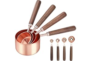 GuDoQi Measuring Cups and Spoons Set, 8 Piece Set, Walnut Wood Handle, Engraved Measurements, Premium Stainless Steel, Mirror Polished Design for Dry & Liquid Measuring Cups (Rose Gold)