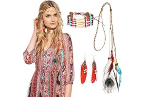 HOWAF Indianer Kopfschmuck Damen Indianer Stirnband Federschmuck Haarband indianisch Bohemian Haarschmuck und Indianer Halskette Ohrringe für Karnevals kostüme Zubehör Indianer kostüm Accessoire
