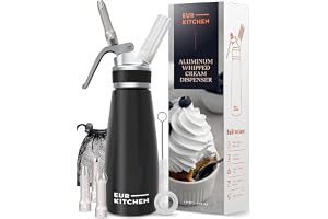 EurKitchen Professional Aluminum Whipped Cream Dispenser - Leak-Free Whip Cream Maker Canister with 3 Decorating Nozzles & Cleaning Brush - 1-Pint / 500 mL Cream Whipper - N2O Chargers (Not Included)