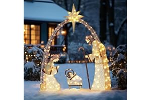 Skeadex Krippe Weihnachten 156CM Große Weihnachtskrippe mit LED-Lichtern, 3D Weihnachts Deko Weihnachtskrippe Modern für Gärten Rasen und Innen Weihnachten Dekoration (Gold)