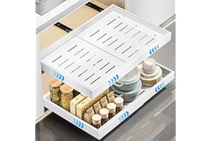 WELLTE 2 Pieza Cajón Telescópico para Pegar, (32-52 cm ancho × 53 cm prof. × 7,5 cm alto) Extraíble para Cocina, Organizador de Cajones de Cocina, sin Necesidad de Taladrar ni Clavar, Blanco