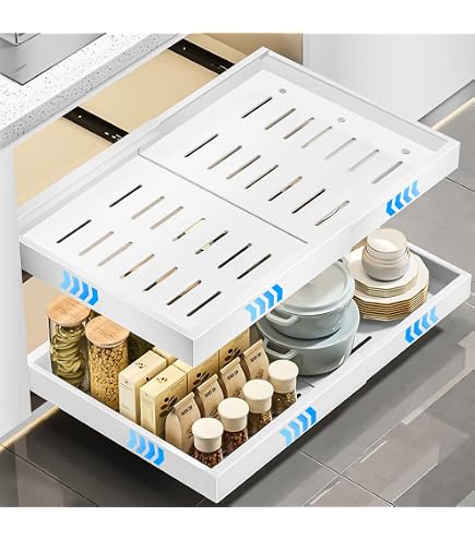 Tiroir Coulissant Pour Armoire De Cuisine Bearrerp - Largeur Réglable 32-52 Cm, Acier Carbone, Installation Sans Perçage (adhésif), Blanc