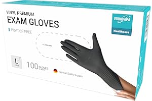 EUROPAPA® 100 x rękawiczki winylowe jednorazowe rękawiczki do badań jednorazowe rękawiczki bez lateksu, bez talku, winylowe rękawiczki dostępne w rozm. S, M, L & XL (czarne Premium, L)