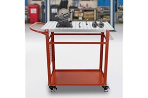 Mermajestic Tavolo per saldatura a due strati, set fai da te, con manico e 4 ruote universali, tavolo per saldatura mobile, in acciaio, tavolo per saldatura grande, portata fino a 600lbs