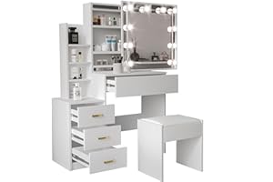 Blisswood Dressing Table with Mirror and Stool, Vanity Desk with 4 Drawer 3 open Storage Shelves and 3 Hidden Shelves with LED Bulbs, Modern Makeup Table for Bedroom & Living Room (White)