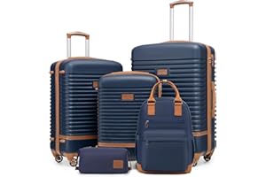 COOLIFE Suitcase Trolley Suitcase Travel Suitcase from ABS Hard Shell Trolley 4 Wheels TSA Lock The Suitcase Includes 1 Travel Backpack and 1 Toiletry Bag, Blue / Brown, Exquisite Casual Travel Set