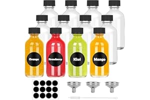 VORHOT Shot butelki do napełniania - 12 x 60 ml mini szklane butelki - Małe butelki do napełniania sokiem, likierem i imbirem, szczotka do czyszczenia, lejek i 12 etykiet