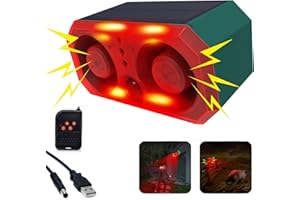 ROYELLE Sirena a energia solare per sensori di movimento da esterno, 130dB x 2 altoparlanti, 13 modalità sonore integrate Cani che abbaiano e spari , con telecomando per cortile, fattoria,