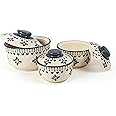 ShadowGreen- Ceramic Serving Donga Set with Lid - Gravy Donga Set - Dinner Bowl with lid - (Set of 3-750ml 500ml 250ml) (Grey Jhallar Design)