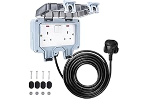 CROWNSHOP Weatherproof Outdoor Socket Waterproof Double Socket 5M Extension Lead IP66 Switched Wall Electrical Outlet 2 Gang Power Socket,Garden Outside Plug Sockets Cover Box (5m)