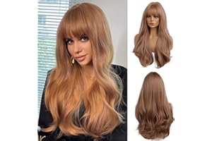 Esmee 24 cale Strawberry Blonde Długa falista peruka z grzywką dla kobiet Naturalne syntetyczne włosy Odporne na ciepło peruki na codzienne imprezy Cosplay Wear