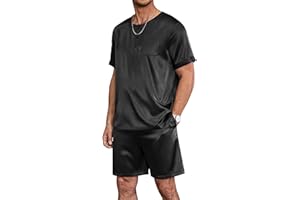 Ekouaer Schlafanzug Herren Kurz Pyjama Set Satin Nachtwäsche Pyjamahose Sommer Hausanzug， S-XXL