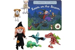 The Puppet Company Room on the Broom by Julia Donaldson - Children's Storybook and Finger Puppet Set (Witch, Red Dragon, Cat, Dog, Frog, Green Bird & Red Velvet Zip-Top Storage Bag with Clear Window)