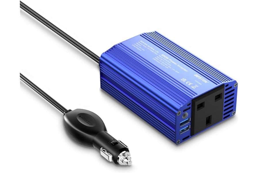 BESTEK 300W Power Inverters 12V to 240V 230V Transformer Car Charger Lighter Adapter with 3 Pin Plug and Dual USB Ports (Blue)
