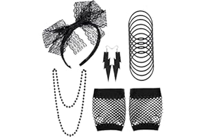 NITAIUN Accessori Costume Anni '80 Fascia per Capelli in Pizzo Collana Orecchini Neon Bracciale Guanti del Fishnet Retrò Anni ' 80 Signore e Ragazze Partito Costume Set, Nero, Taglia unica