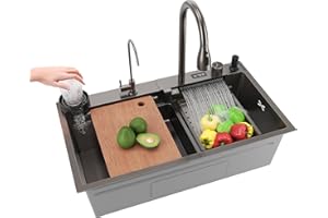 SIRHONA Évier de Cuisine avec Cascade, Évier Multifonction 1 Bac en Inox 80x45 cm, Robinet Rétractable, Avec Affichage de la Température, Noir