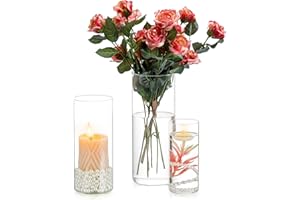 Inweder Jarrones de Cristal Decorativos Modernos - Juego de 3 Floreros Cilíndricos Transparentes Portavela Huracán Portavelas Cristal para Velas Pilar Velas Flotantes Centros Mesa Bodas 15+20+25cm