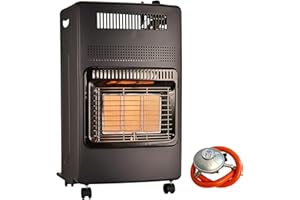 AMOS Portable Calor Gas Heater, 4.2KW, 3 Heat Settings, Foldable & Free-Standing with Wheels, Suitable for Indoor and Outdoor Use, Includes Regulator & Hose, Black