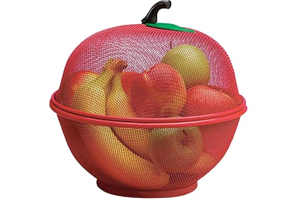 Fruits Bowl Basket Apple Shape Mesh with lid Tabletop Vegetable Holder Keep Unwanted Pets & Insects Out Kitchen Dishwashing Drain Basket (Red)