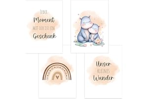 POLYMEDIA 4er Set Baby DIN A3 Bilder mit Hippo, Regenbogen und Sprüchen, Poster mit Tiermotiv für Babyzimmer, 200g/m² Papier, Kinderzimmer Wanddeko, für Bilderrahmen, Dekoration für Jungen & Mädchen, Sand