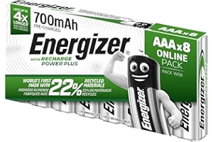 Energizer Recharge Power Plus - Batterie Ricaricabili AAA (Confezione da 8) - Pile 700 mAh NiMH - pronte all'uso - potenza di lunga durata - 100% imballaggio riciclabile privo di plastica