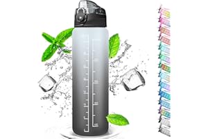 AUCKPURE Bottiglia d'acqua sportiva da 1 litro, marcatura del tempo e con cannucce, bottiglia d'acqua si apre in 1 clic, adatta per fitness, all'aperto, campeggio, yoga, ciclismo e bottiglie d'acqua (bianco e