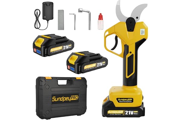 SundpeyPRO Sécateur Électrique Sans Fil, Max 50mm Sécateur de Jardin à batterie avec 2 x 2,0Ah Batteries, Moteur Sans Balais, éCran LCD et éTui, Secateur pour Verger Branches Arbres Arbustes Fruitiers