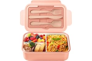Diboniur Lunch Box, Bento Lunch Box Enfant Adulte Boîte 1400ml avec 3 Compartiments, Conception Sans Fuite Lunchbox avec Couverts, pour Micro-onde Lave-vaisselle, École Pique-Nique Travail (Rose)