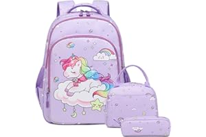 KIMWADALH Mochila Unicornio con Bolsa de almuerzo de Estuche para lápices 3 en 1 Mochila Infantil Mochila Escolar Niñas Impermeable Mochila Primaria de viaje diario